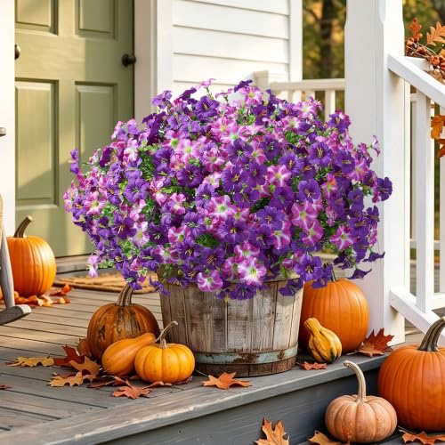 Artificial Flowers for Outdoors Fake Plants Outside Decoration, 20 Bundles Silk Petunia with Eucalyptus UV Resistant Realistic Faux Flowers for Outdoor Planters Garden Balcony Yard Porch Patio, Mix - color: 10 Purple, 10 Gradient Fuchsia