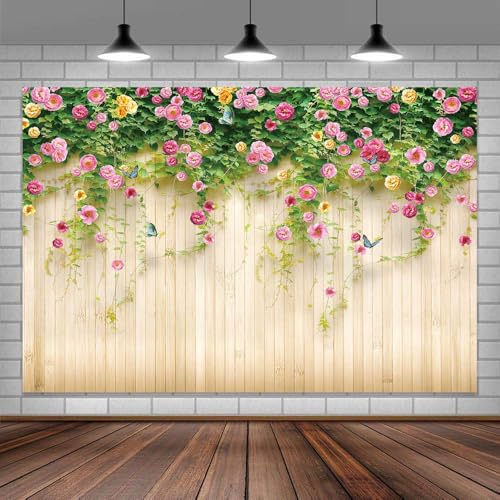 3D Floral Photography Backdrop with Rosemary Flowers & Butterflies - Rustic Wooden and Pink Rose Fabric Design for Indoor/Outdoor Parties, Garden Events, Photo Shoots Background - color: pink, size: 7X5