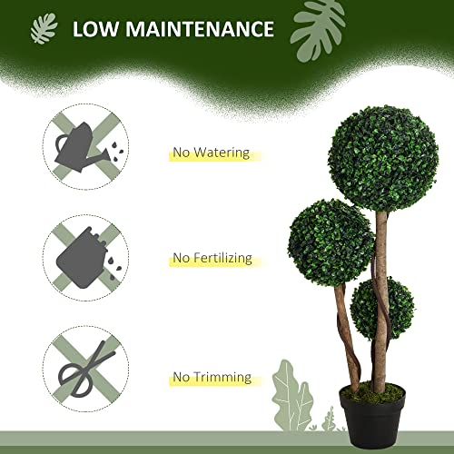 HOMCOM Artificial Plant for Home Decor Indoor & Outdoor Fake Plants Artificial Tree in Pot, 3 Ball Boxwood Topiary Tree for Home Office, Living Room Decor, Dark Green - color: Dark Green