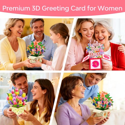 Pop Up Flower Cards That Last Forever – 3D Mothers Day Card Set 3 Pack with Love You Mom Tulip Lily Paper Bouquet – Birthday Thank You Anniversary Cards for Mom Wife Grandma – Envelopes Included - style: Love You Mom Tulip Lily