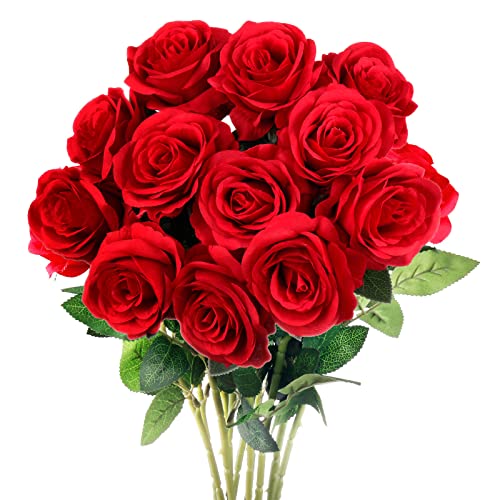 Mocoosy 12PCS Red Roses Artificial Flowers, Fake Roses with Long Stems Realistic Silk Rose Bouquets for Wedding Centerpiece Decorations, Faux Floral Arrangements Bridal Shower Party Home Table Decor - color: Red