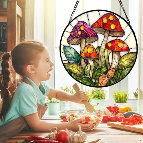DASTOLL Stained Glass Window Hanging, Mushroom Leaves Suncatcher for Doors Home Sun Catchers Decoration and Christmas, Mother's Day Birthday Gifts for Women, Men, and Mom 7.8 in - color: Red and White, size: 7.8x7.8 IN