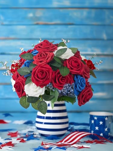 InnoGear Artificial Flowers, 50 Pcs Dark Red Foam Fake Roses Bulk with Stems for Mother's Gift Decoration Celebration DIY Wedding Bouquets Centerpieces Bridal Shower Party Christmas Tree - color: Dark Red