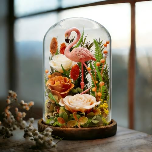 Eternal Flowers with Flamingo-Big Flower Big Love- Graduation Flowers Gifts for Daughter Wife Mom-Forever Flower in Glass Dome-Flowers for Delivery Prime on Anniversary Valentines Birthday(Champagne) - color: Champagne