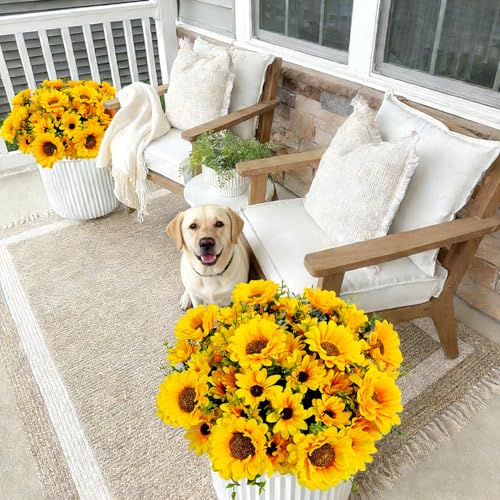 Artificial Sunflowers for Outdoors, 10 Bundles Fake Silk Sunflowers with Eucalyptus Leaves UV Resistant for Home Outside Front Door Porch Planters Garden Balcony Yard Patio Wedding Party Decor