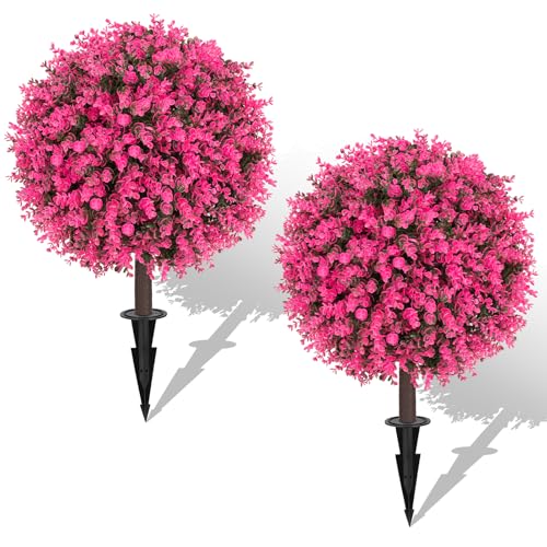 AOKIIE 24" Artificial Boxwood Topiary Bushes UV Resistant for Outdoor 2PCS | Artificial Shrubs with Ground Spike, Pink Faux Outdoor Plants for Indoor & Outdoor Garden, Yard, Porch, Patio - color: Pink