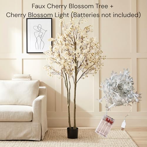 Artificial Cherry Blossom Tree with Lights 6ft Tall, White Faux Cherry Blossom Tree Indoor with LED String Lights, Japanese Sakura Tree for Living Room Office Home Decor - color: White Tree