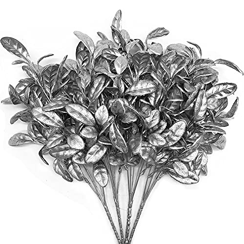 CATTREE Artificial Silver Leaves Christmas Plants 4 Pack, Plastic Leaf Bouquet Faux Gold Plant Fake Shrubs Simulation Bushes for Wedding Hall Table Centerpieces Floral Arrangement Filler DIY Décor - color: Silver Leaves Round Edge- 4 Pcs
