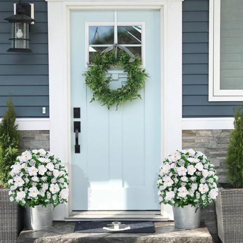 ENVEN Artificial Boxwood Topiary Ball Trees with Ground Spikes UV Resistant Faux Greenery Shrubs Fake Shrubs for Outdoors, Realistic Faux Plants Bushes for Garden Porch Yard Patio Decor (White) - color: White