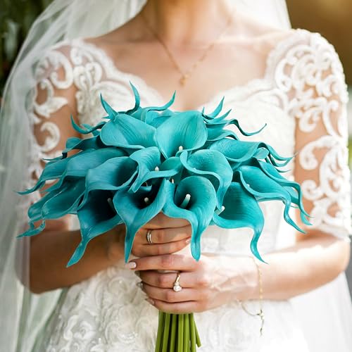 Teal Artificial Calla Lily 12Pcs Blue Real Touch Faux Flowers for Wedding Bouquet, Bride Bridal Shower, Spring Home Kitchen Table Decor, Fake Lilies for Centerpieces, Party Decorations - color: Teal Blue