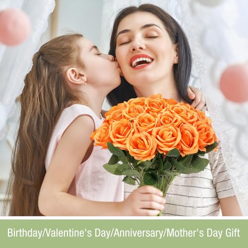Thiccywoov 30 Pcs Rose Artificial Flowers in Bulk Lifelike Long Stem Silk Roses Bouquets Realistic Faux Flowers for Wedding Bridal Shower Home Decor Floral Arrangements Table Centerpiece(Orange) - color: Orange