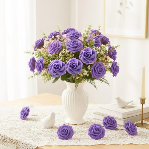 25Pcs Roses Artificial Flowers, Lavender Fake Roses for Decorations Floral Arrangement, Purple Foam Fake Flowers with Stem for DIY Wedding Bouquet Bridal Shower Mothers Day Party Home Decor - color: Purple