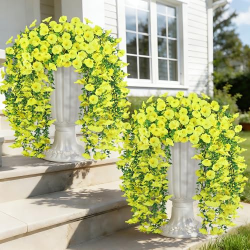 4PCS Artificial Hanging Flowers for Outdoors, 600 Blooms UV Resistant Morning Glory Vine Fake Flowers with Eucalyptus, Realistic Silk Faux Hanging Plants Spring Summer Decorations for Outside (Yellow) - color: Yellow, size: 4PCS