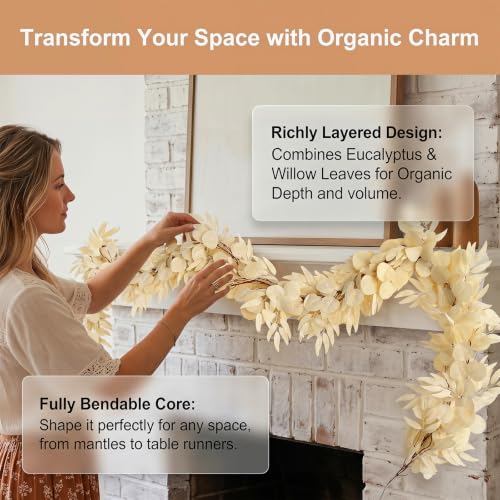 GREENTIME 1 Pack 6.5Ft Fake Champagne Greenery Garlands Eucalyptus Willow Garland for Rustic Wedding Arch Swag Doorways Table Runner Staircase Fireplace Chair Home Party Decoration - color: Champ-1