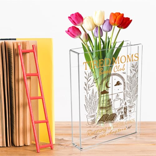 Moms Book Flower Vase Mothers Day Birthday Book Lover Gifts for Mom Mother from Daughter Son Coffee Chaos and Chapters Tired Moms Funny Acrylic Book Shaped Vase Decor for Home Office Table Vase 3804 - style: Casual