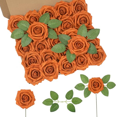 DuHouse 25Pcs Artificial Roses Flowers Fake Rose with Stems Real Touch Foam Flowers for DIY Wedding Bouquet Party Centerpiece Floral Arrangement Party Home Decor(Burnt Orange) - color: Burnt Orange, size: 25pcs