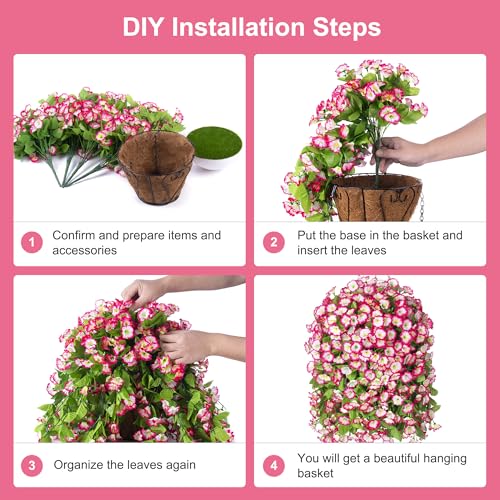 Ammyoo Artificial Faux Hanging Flowers Basket for Spring Summer Outdoor Porch Decor, Fake Silk Colorful Morning Glory Eucalyptus in Planter UV Resistant Look Real for Home Patio Balcony Yard(Pink) - color: Pink