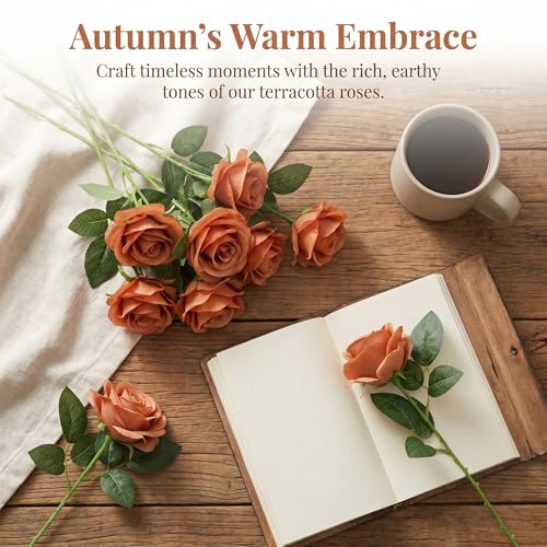 52pcs Terracotta Roses Artificial Flowers Fake Flowers Silk Roses with Stems for DIY Wedding Bouquets Bridal Shower Centerpieces Arrangements Party Home Decorations - color: Terracotta