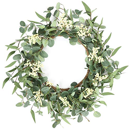Pinkpum 20'' Eucalyptus Wreath for Front Door, Porch, Window - Green Decor for Home, Farmhouse - Spring, Summer, Fall, All Seasons Fluffy Version - color: White, size: 20'' fluffy version