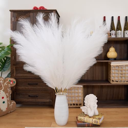 Premium Faux White Pampas Grass Decor 8pcs 43.3″ – Pure Cream Tall Fluffy Pampa Feather Flowers, No Assembly 18-Branch One-Piece Stems for Wedding Boho & Minimalist Home Decor, Floor Vase Arrangement - color: Faux White, size: 8pcs 43.3"(110cm)