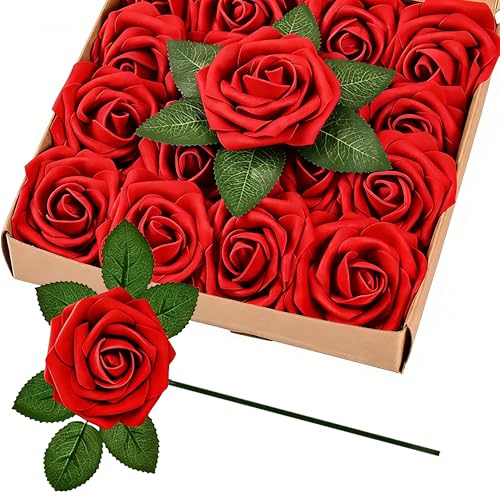 30pcs Real Looking Red Foam Artificial Roses with Stems, Fake Rose Flowers for DIY Wedding Bouquets Bridal Shower Centerpieces Home Party Tables Valentine's Day Mother's Day Decor Gift - color: 30pcs Red