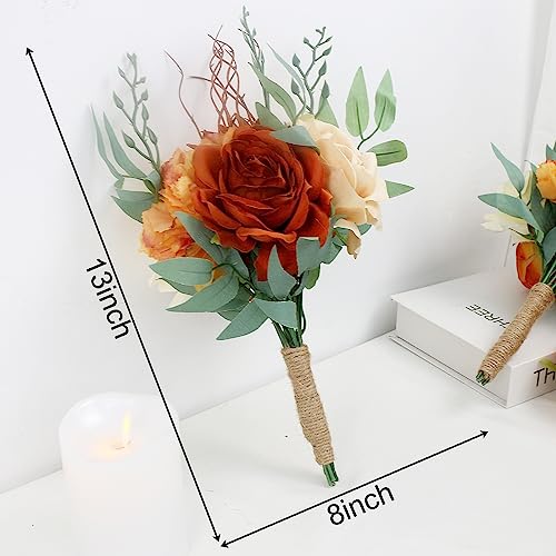 Bridesmaid Bouquets for Wedding - Set of 4 Artificial Flowers Small Bouquet for Fall Marriage Proposal Party Ceremony Anniversary Dining Table Centerpieces - Burnt Orange, 7 Inch - color: Orange, size: 4pcs Bouquets