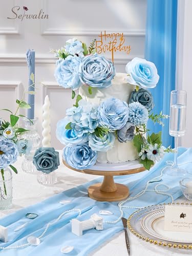 Serwalin Artificial Flowers,Blue Silk Fake Flowers Box for DIY Wedding Bridal Bouquet, Wedding Cake Flowers for Table Centerpieces Birthday Party Bridal Shower Home Decorations - color: Blue, size: 1 Box