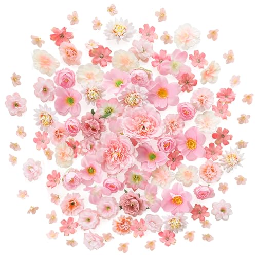 Floroom Mini Artificial Flower Heads Pink & Blush Fake Peony Daisy Rose Multicolor Small Faux Silk Flower Heads for Cake Craft Garland Wedding Party Graduation Cap DIY Home Decoration, 0.8"-3.6" - color: Serena Blush & Pink