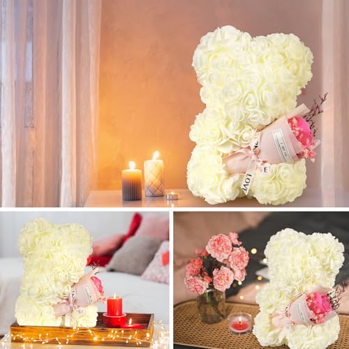 Gifts for Mom Rose Bear, Rose Teddy Bear Birthday Gift for Girlfriend Wife, Rose Flower Gift for Women,Valentines Gifts,Flower Bear with I Love You Necklace - color: White Rose