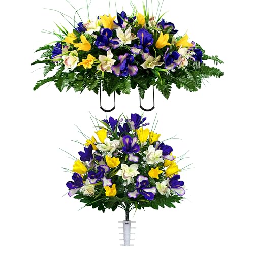 Sympathy Silks Artificial Cemetery Flowers - Grave Decoration - Yellow Tulips and Purple Iris (1) Headstone Saddle (1) Bouquet - color: Yellow/Purple, size: (1) Saddle (1) Bouquet