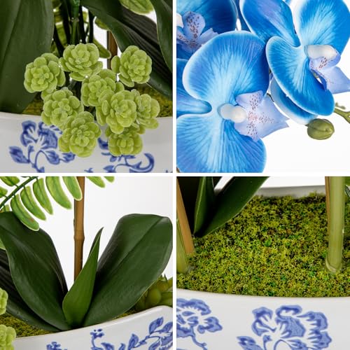 Briful Blue Orchid Artificial Flowers 18in Fake Orchid Silk Flowers with Blue and White Ceramic Pot Faux Orchid Arrangement for Home Office Room Dining Table Centerpiece Modern Decor - color: Blue-floral Pattern Vase