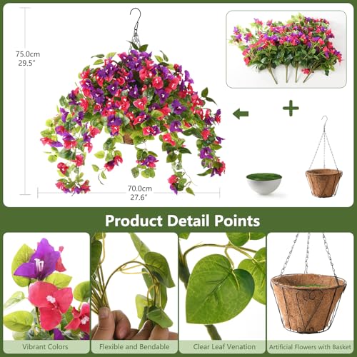 Homsunny Artificial Fake Hanging Flowers Plants Basket for Outdoor Decoration, Faux Silk Flower Bougainvillea Planter Look Real UV Resistant for Home Porch Patio Balcony Yard Spring Decor(Mix Pulple) - color: Mix Purple