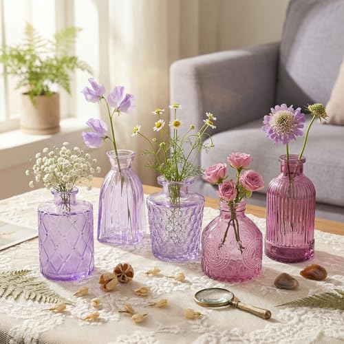 Set of 30 Purple Colored Glass Bud Vases - Small Textured Flower Vases for Centerpieces, Wedding Table Decor, Retro Home Decor Bulk Vase Set for DIY, Events & Gifts - color: Purple