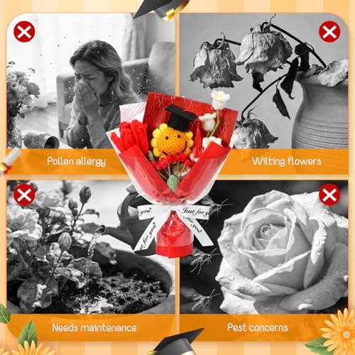 2026 Graduation Crochet Flowers Bouquet Gifts Class of 2026 Graduation Gift for Her Sunflower Mortarboard with Greeting Cards Bag Handmade Knitted Artificial Flowers for Grad(Red) - color: Red