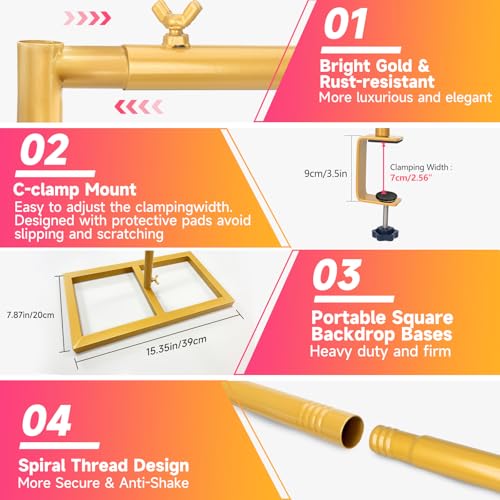Square Backdrop Stand, Wedding Arch Heavy Duty Adjustable Stand, Over The Table Rod Stand with Clamps, Metal Gold Garden Balloon Frame for Baby Shower Party Decoration - size: 2-IN-1 6.5 FT