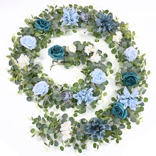Waipfaru 8.85Ft Flower Garland, Eucalyptus Greenery Garland with Flowers, Rose Floral Vines for Wedding Table Runner Spring Summer Backdrop Decor (Dusty Blue) - color: Dusty Blue-8.85ft, size: 1 Pack