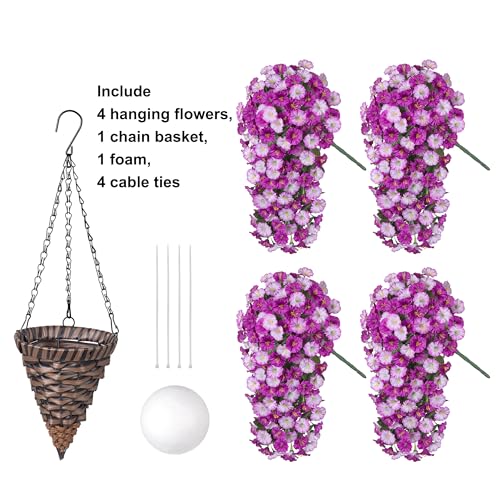 Artificial Fake Hanging Flowers Basket for Outdoor Indoor Decoration,UV Resistant Faux Silk Light Fuchsia and Fuchsia Morning Glory Flowers Plants Realistic Hanging Planter for Outside Home Porch Yard - color: Light Fuchsia+fuchsia Morning Glory
