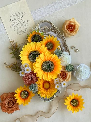 FACINOC Sunflower Artificial Flowers Yellow Fake Flower Bouquet Box Set for DIY Bridal Wedding Shower Decorations Party Table Centerpieces Cake Decorating Silk Floral Arrangement for Home Decor Indoor - color: Yellow Artificial Sunflowers