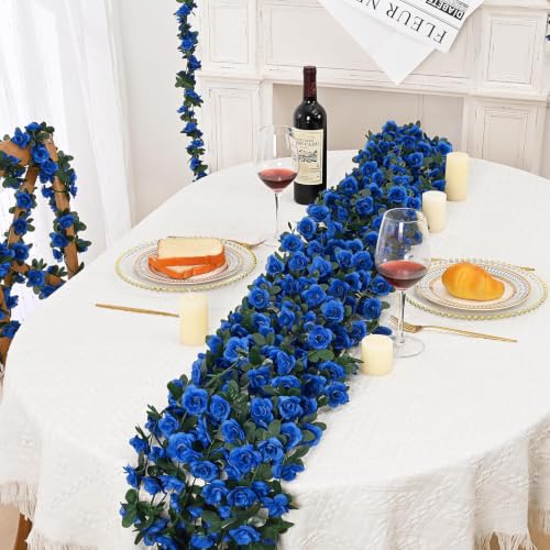 MARTINE MALL Flower Garland Rose Vines, 2 Strands 16.5Ft Flowers Vines for Bedroom, Rose Flower Garland Decoration, Sapphire Rose Floral Garland for Room Table Birthday Wedding Party Garden Wall Decor - color: Sapphire, size: 2 Packs