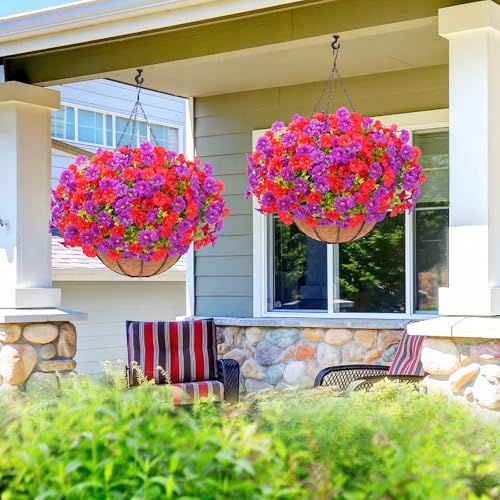 Elyum 2 Pack Artificial Hanging Flowers for Outdoors, Fake Flowers Artificial Petunias Hanging Baskets for Outdoors, UV Resistant Fake Hanging Plants Flowers for Outside Garden Patio Porch Decor - color: Purple&red, size: 2 Pack