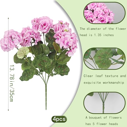 CISDUEO 4 Pcs Artificial Geranium Flowers for Outdoors Silk Geraniums Flowers Outdoor Purple Pink Faux Geraniums for Planters Outdoor Decor Indoor Garden Patio Grave Cemetary Table Centerpiece - color: Purple Pink