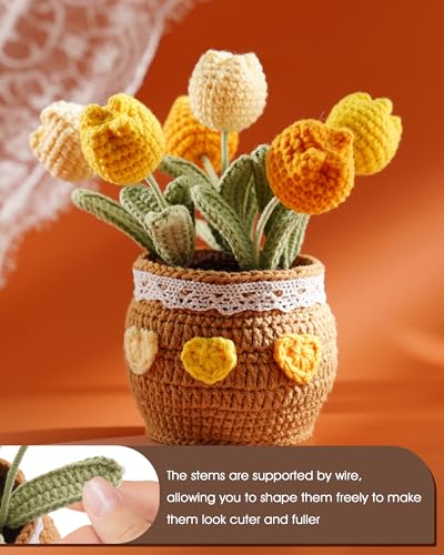 Thank You Gifts for Teachers Crochet Tulips Flower Pot - Handmade Large Crochet Flowers for Women, Graduation End of Year Appreciation Gifts, Positive Tulip Flower Gift for Boss Manager, Yellow - color: Yellow