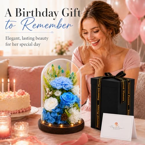 Preserved Flowers in Glass, Preserved Rose with 1 Carnation & 2 Roses, Eternal Real Flowers for Women Mom Grandma, Forever Rose Bouquet for Anniversary Birthday Mother's Day Lasts 3-5 Years - color: Blue