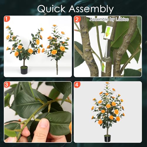 1Pack 47.24"/3.94FT Artificial Camellia Trees with 36 Orange Flowers in Cement Pots – Lifelike Fake Trees for Front Porch, Home, Indoor Outdoor Spring Decor, Office or Housewarming Gifts - color: Orange, size: 3ft 11in