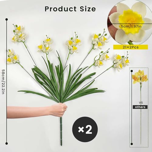 SNAIL GARDEN 2 Bunches 42 Heads Artificial Daffodils, 58cm/22 Long Stem Artificial Spring Flowers,Faux Daffodils for Home Garden Office Wedding Party Easter Decorations (White&Yellow)