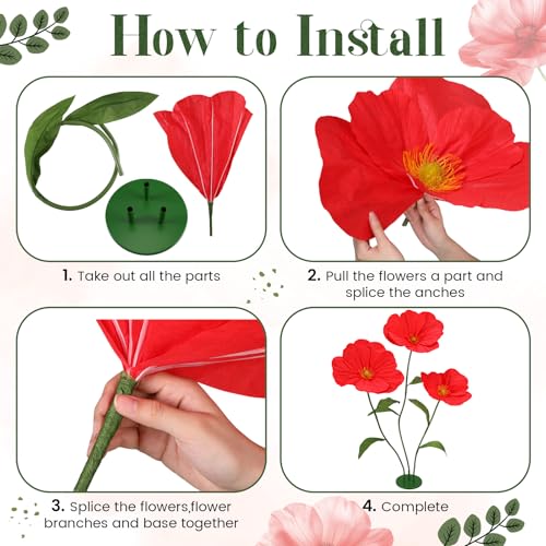 6ft Red Giant Flowers for Decoration with Stand, Large Artificial Poppy, Big Paper Flower Decor for Garden Wedding Party Photography Props Hotel Office Art Gallery Shop Window Display - color: Red