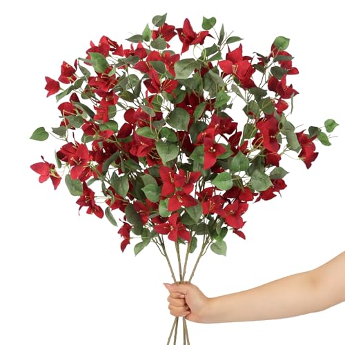 4PCS Red Bougainvillea Artificial Flowers 37.4" Long Stem Flowers Silk Fake Bougainvillea Branches for Wedding Centerpieces Home Garden Outdoor Decoration (Red) - color: Red