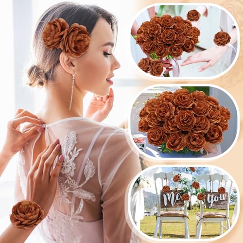 Thiccywoov 50 Pcs Artificial Flowers, 3.2 Inches Silk Rose Head Flowers Fake No Stem for Wedding Bridal Bouquet Home Floral Decor DIY Centerpieces Arrangements Party Tables Decoration(Coffee) - color: Brown