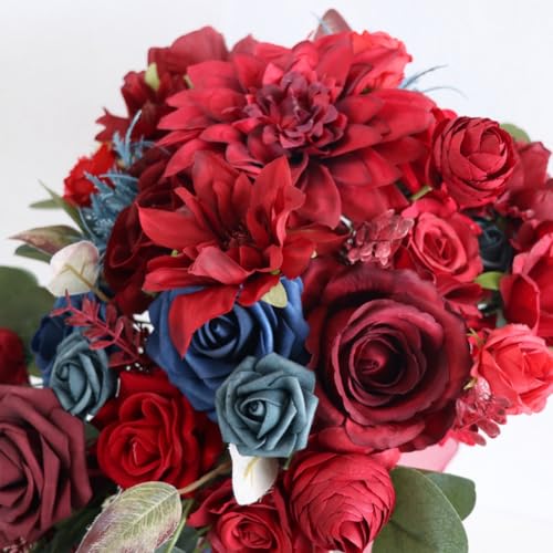 12.6 Inch Cascade Wedding Bouquet for Bride with Artificial Rose Dahlia Flower Cascading Bridal Bride Bouquet Wedding Ceremony Anniversary Bridal Shower Burgundy and Navy Blue - color: Burgundy & Blue