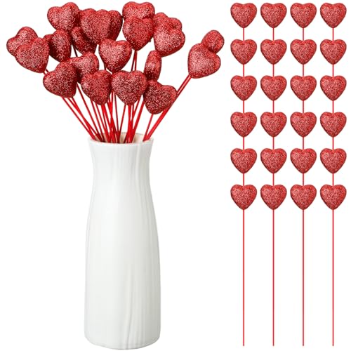 24 Pcs Glitter Foam Hearts Sticks Foam Heart Picks Sparkly Hearts Stems Puffy Heart Wooden Picks for Wedding Decorations Flower Arrangements Crafts (Red) - color: Red, size: 24 Pcs